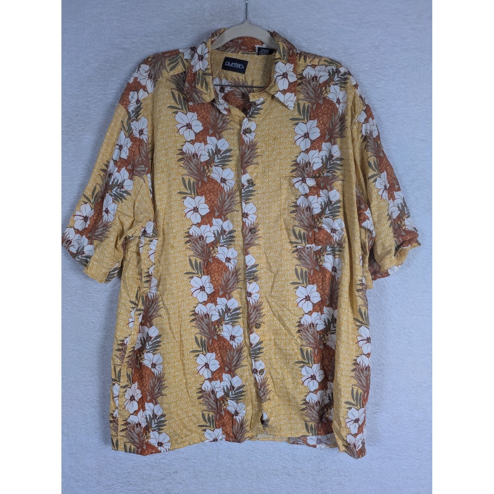 Puritan Button Down Shirt Men's Large Yellow Pineapple Floral Tropical Short Slv